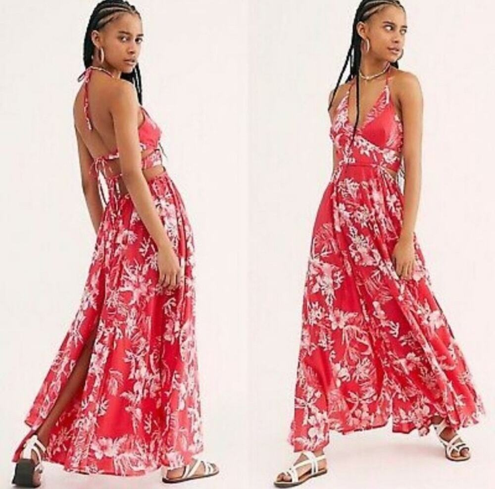 Free People Red Floral Lille Halter Cutout Tie Back Flowy Boho Maxi Dress Small